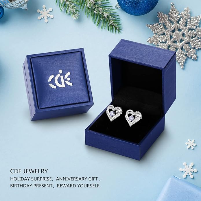 CDE Forever Love Heart Stud Earrings for Women, 925 Sterling Silver Birthstone Heart Stud Earrings Christmas Day Mother's Day Gift Anniversary Birthday Jewelry Gifts for Women Wife Her