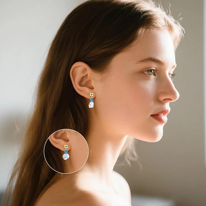 Turquoise Dangle Earrings 14K Gold Plated Sterling Silver Boho Earrings with Cultured Pearl Drop Jewelry Gift for Women