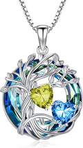TOUPOP s925 Sterling Silver Family Celtic Tree of Life Pendant Necklaces with 2 Heart Birthstone with Blue Austrian Crystal Jewelry Birthday Valentines Day Gifts for Her, Anniversary Christmas Gifts for Wife Girlfriend Mom (18K Real White Gold Filled)