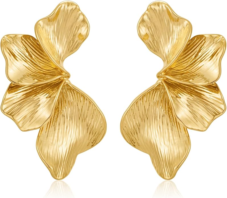 Chunky Gold Statement Earrings For Women Gold Plated Sectored Flower Leaf Shell Angel Wing Earrings Trendy Boho Jewelry For Women Large Stud Earrings Hypoallergenic Earrings