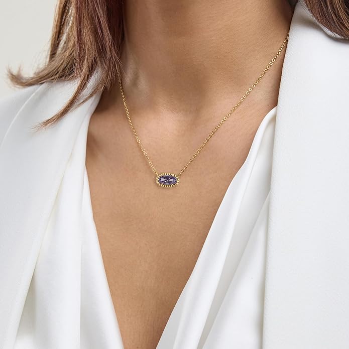 Belacqua Gemstone Necklace in 14K Gold Plated Sterling Silver, Oval Pendant Size 6 * 12mm, 15" Cable Chain with 2" Extender, Spring Ring Clasp, Dainty Birthstone Necklace for Women, Gift Box Included