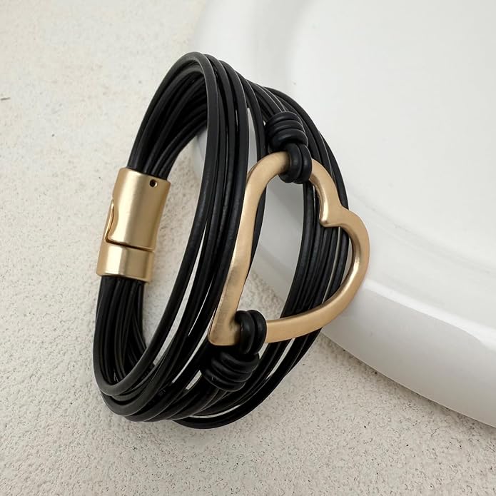 Leather Bracelet for Women Black Wrap Bangle Gold Infinity Bow-knot Bead Heart Bracelet Chunky Layered Bracelets for Women Trendy