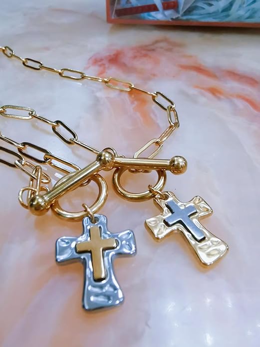 MQV Chunky Statement Gold Hammered Bold Cross Necklace Thick Chain Vintage Chain Pendant Jewelry