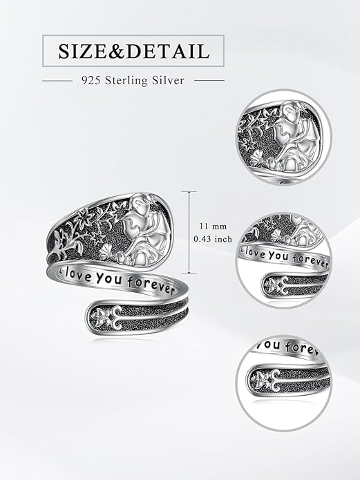 Midari Sun and Moon/Bee/Celtic/Life of Tree/Lotus Spoon Ring for Women 925 Sterling Silver Adjustable Ring Open Ring for Women Men Halloween Birthday Gift