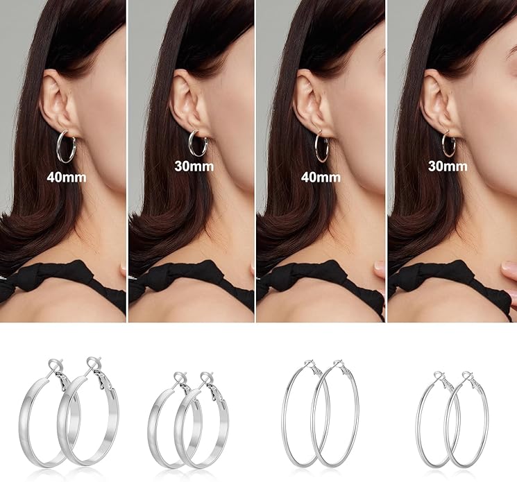 4 Pairs Silver Gold Hoop Earrings for Women | 14K Gold Plated Hoop Earrings Set Hypoallergenic Earring Lightweight Dangle Earrings Set