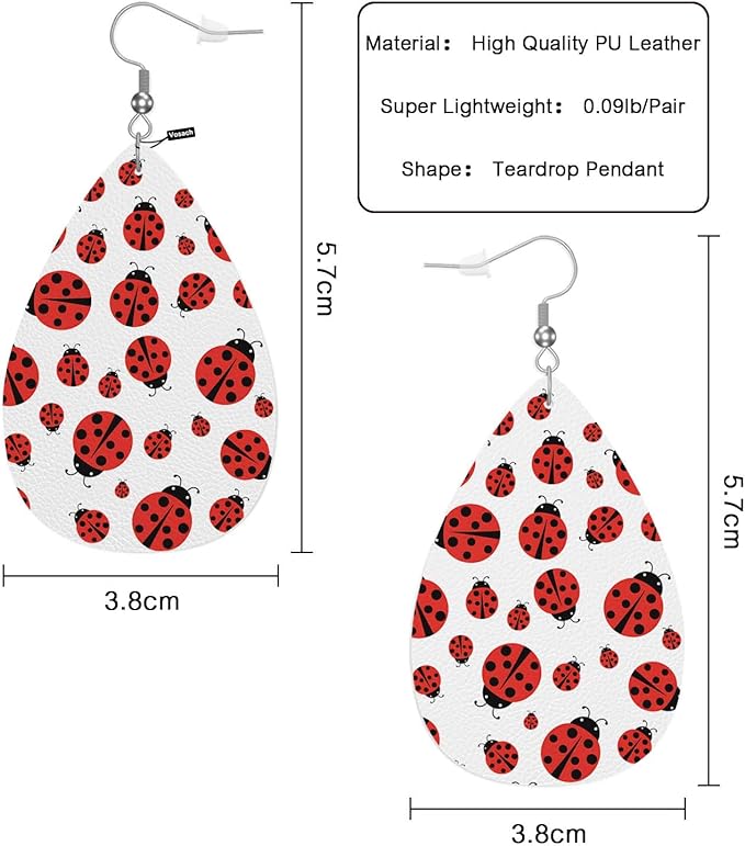 Ladybug Leather Teardrop Earrings For Women Red Black Ladybug Polka Dots Pattern Western Earrings For Friends Gift Drop Dangle Earrings