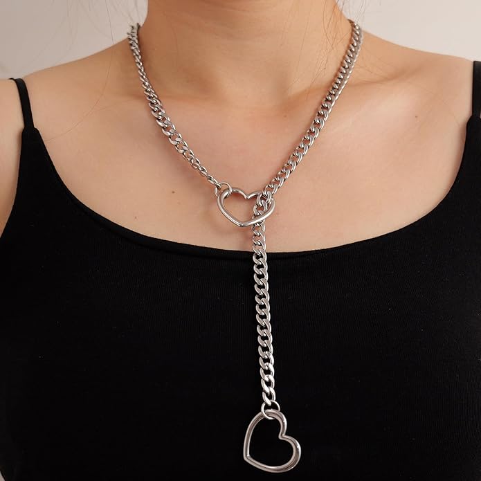 Heart Slip Chain Necklaces for Women,Stainless Steel O-Ring Adjustable Lariat Y-Necklace,Punk Gothic Cuban Collar Choker Necklace for women