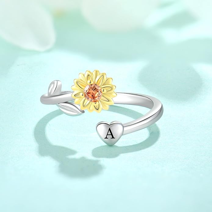 STARCHENIE Sunflower Initial Ring for Women 925 Sterling Silver Letters A-Z 26 Alphabet Adjustable Ring Size 7