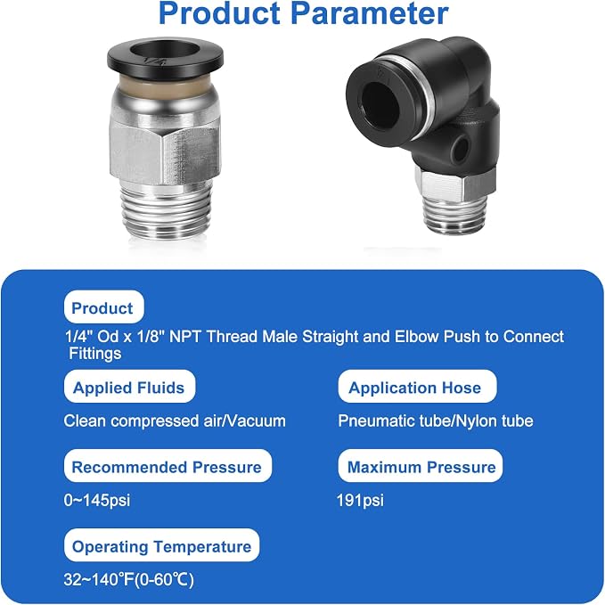 CNAODUN 12 Pcs Push to Connect Fittings 1/4 Inch Tube OD x 1/8 Inch NPT Thread - Image 2