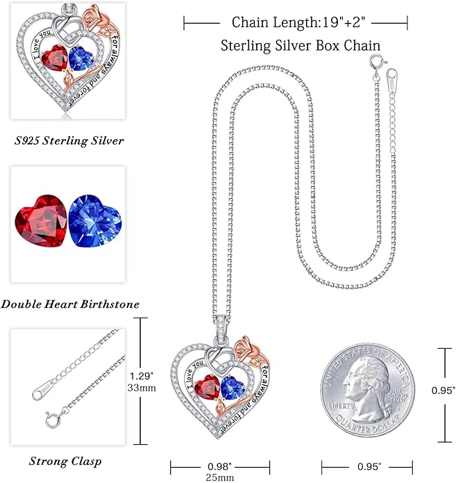 Iefil Valentines Day Gifts for Her Wife - 925 Sterling Silver Double Birthstone Necklace, Anniversary Birthday Gifts for Women, Jewelry Gift for Wife Girlfriend Mom Her