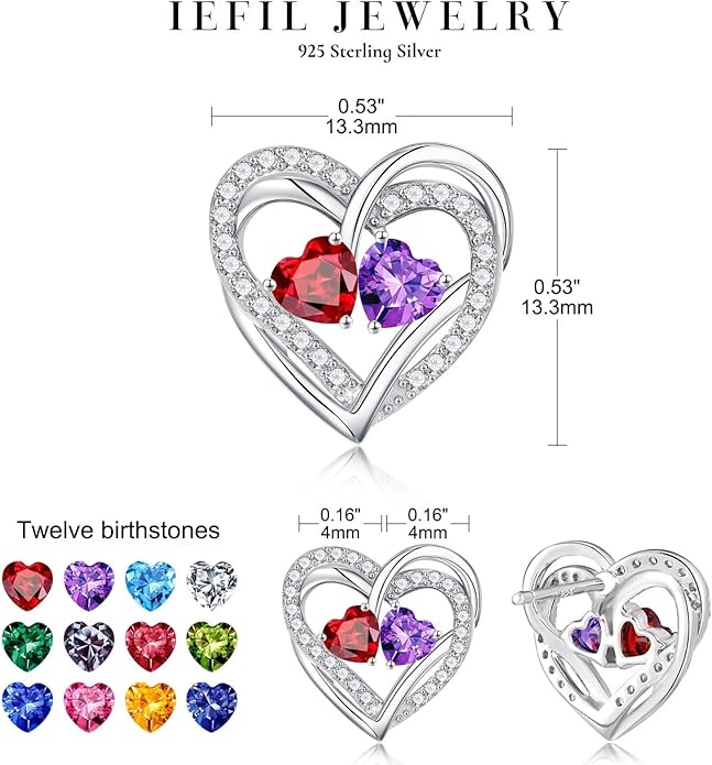 Iefil Valentines Day Gifts for Her, 925 Sterling Silver Heart Birthstone Earrings, Anniversary Birthday Gifts for Women, Birthstone Jewelry for Her Wife Girlfriend Mom