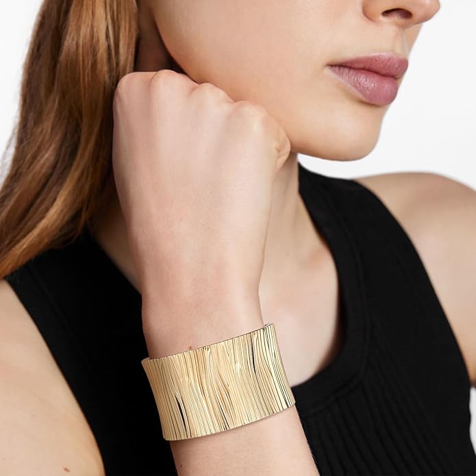 HZMAN 18K Gold Plated Wide Cuff Bracelet for Women - Premium Alloy Shiny Polished Double Layer Statement Bangle, Trendy Daily Wear Party Jewelry Accessory