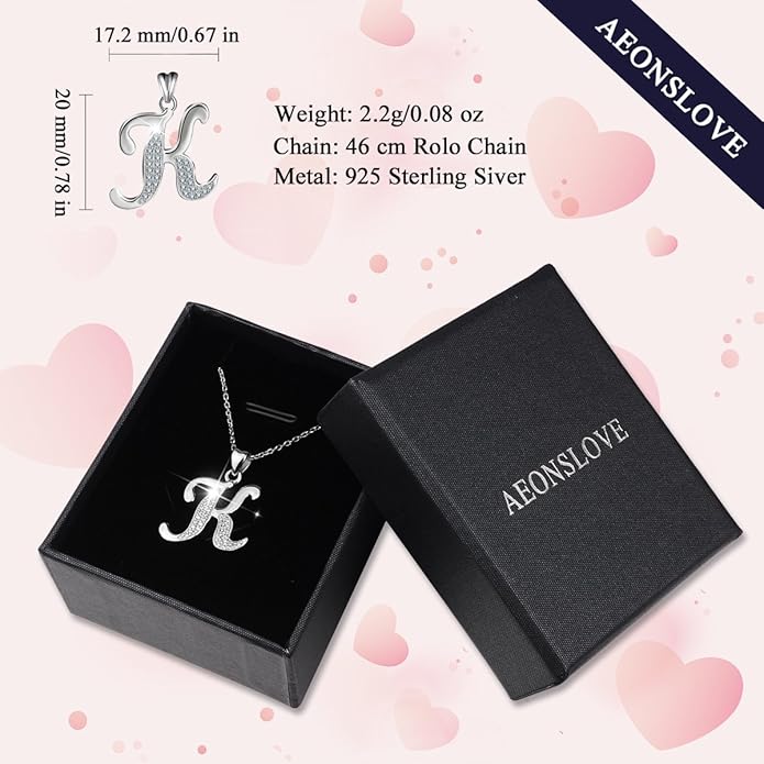 AEONSLOVE 925 Sterling Silver Initial Necklaces for Women, 26 Letters Pendants Necklace Gift for Mother, Daughter, Wife, 18 Inch Chain