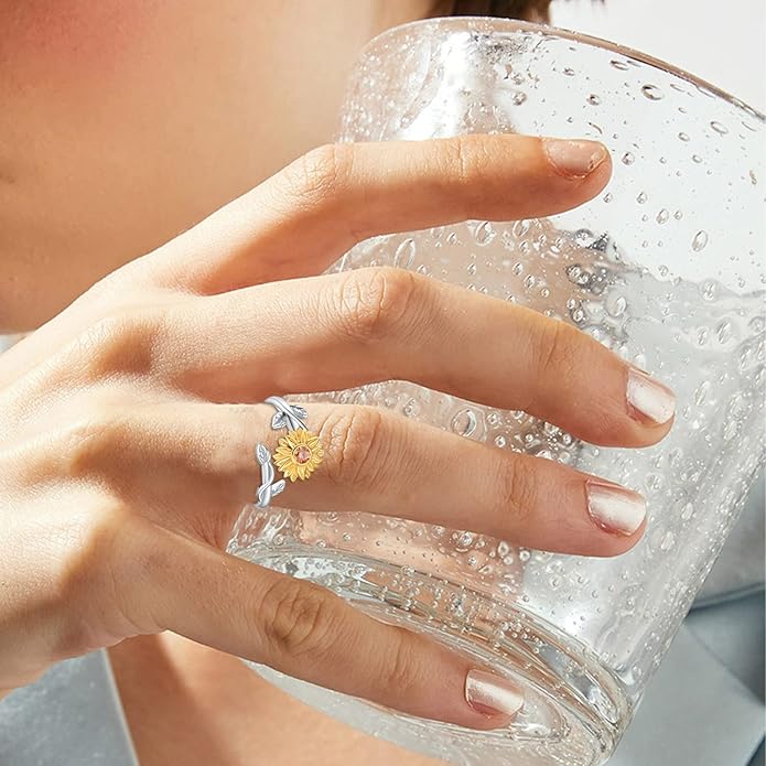 Sunflower Rings for Women, 925 Sterling Silver CZ You are My Sunshine Adjustable Open Band Rings Jewelry Gifts for Girls Size 7-8
