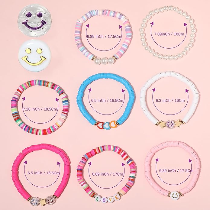 Preppy Bracelets Set Colorful White Gold Smile Heart Star Polymer Beaded Pearl Clay Stackable Charm Y2K Kidcore Aesthetic Summer Beach Bohemian Stretch Layering Bracelets Jewelry for Girls Women Teens