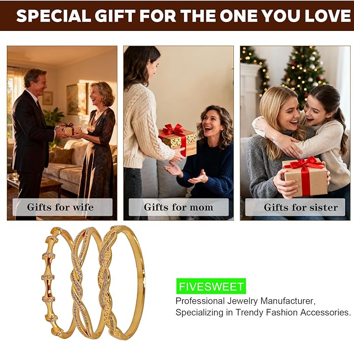3PCS Gold Bangle Bracelet Set for Women, Bamboo Joint & Twisted Rope Design, Copper Inlaid with 3A Zircon, Stackable Trendy Jewelry, 2.4 Inch, Great Gift for Her Girlfriend Wife Mom Sister Lover on Birthday Christmas Valentine's Day Mother's Day