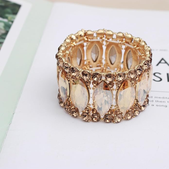 Women’s Elegant Wedding Bridal Crystal Double Row Marquise-Shape Leaf Stretch Bangle Bracelet Bride Jewelry for Women