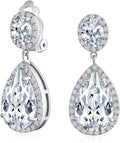 Vintage Style Bridal Cubic Zirconia Simulated Gemstone AAA CZ Halo Dangle Teardrop Chandelier Clip On Earrings For Women Silver Rose Gold Plated in Black Purple Blue Red Rose Pink Green Clear