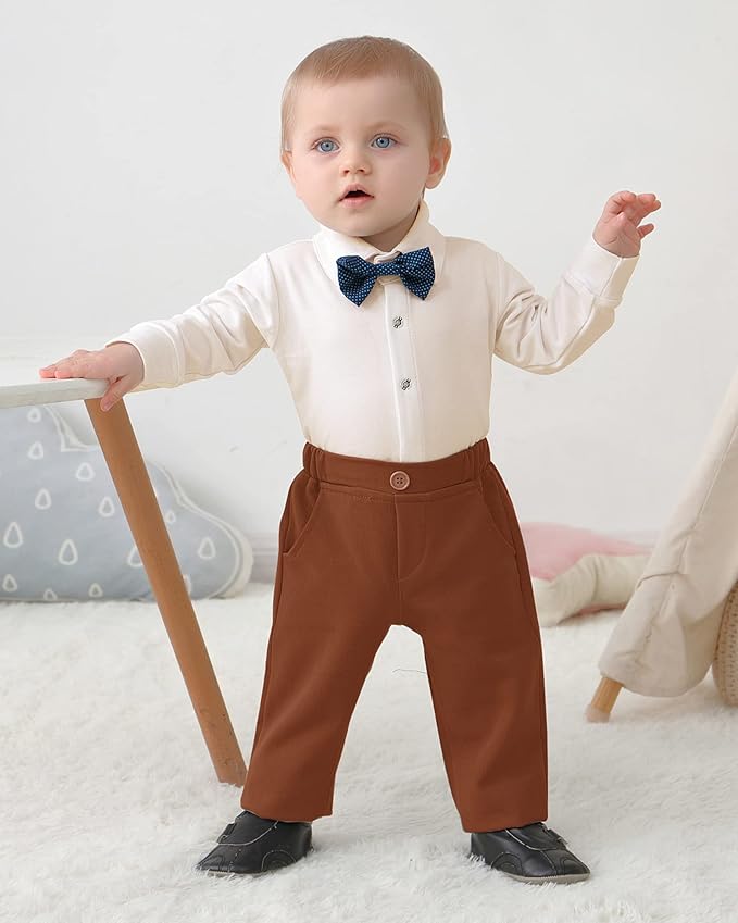 DISAUR Baby Boy Clothes Toddler Boy Outfits 4PCS Gentleman Dress Romper/Vest/Pants/Bow Tie Cotton Suit Sets