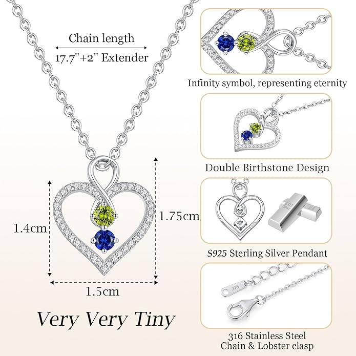 LOUISA SECRET Infinity Double Birthstone Necklace, 925 Sterling Silver Tiny Pendant Heart Necklace for Women Wife Her, Best Jewelry Gift Heart Jewelry Meaningful Gift for Valentine's Day, Christmas, Birthday Anniversary