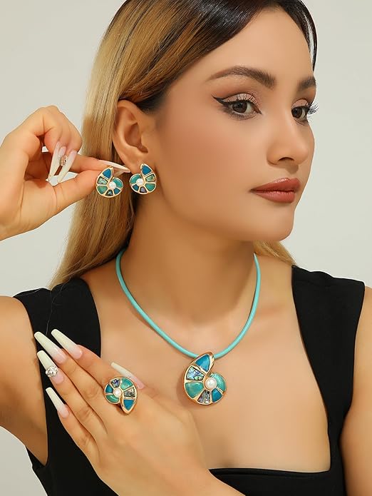 Chunky Statement Jewelry Set Blue Ocean Seashell Choker Necklaces Earrings Set for Women Pearl Bib Collar Necklaces for Party Prom Pageant Summer Fashion Jewelry Unique Birthday Gift