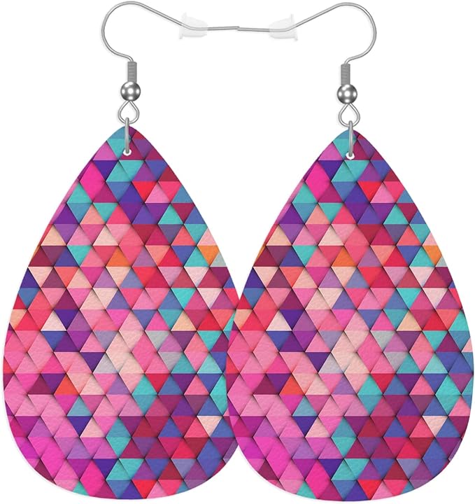Geometric Pattern Woman Earrings, Abstract Fashionable Bright Colors Triangle Lightweight Leather Dangle Teardrop Earrings Jewelry For Ladies Friends