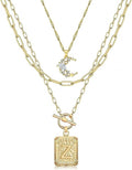 MJartoria Layered Initial Necklaces for Women Trendy, 14K Gold Plated Brass Simple Moon Choker Square Letter Pendant Necklace, Paperclip Chain Necklaces Jewelry Gifts