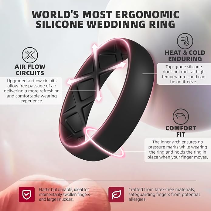 Egnaro Women's Bridal Rings Sets, Inner Arc Ergonomic Breathable Design Silicone Rubber Wedding Bands