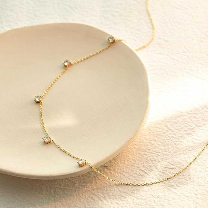 VRIUA Necklaces for Women - 14K Gold/Silver Plated Dainty Chain Necklace with Five Charms: Diamond, Bow, Snowflake, Cross, Flower, Clover, Butterfly, Heart, Star of David, and Star Trendy Jewelry