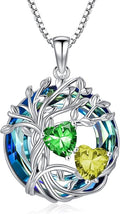 TOUPOP s925 Sterling Silver Family Celtic Tree of Life Pendant Necklaces with 2 Heart Birthstone with Blue Austrian Crystal Jewelry Birthday Valentines Day Gifts for Her, Anniversary Christmas Gifts for Wife Girlfriend Mom (18K Real White Gold Filled)