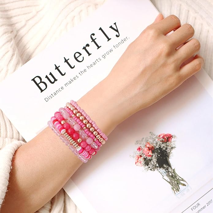 GOOJIDS Surfer Heishi Clay Bead Bracelets for Women Bohemian Stackable Gold Plated Beaded Stretch Bracelets Elastic Layering Friendship Bracelets Set Boho Jewelry