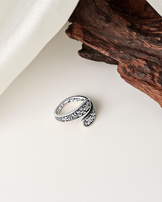 Vintage 14K Gold Plated and Silver Spoon Ring – Adjustable Ring with Carving Design for Women, Unique Boho Open Ring for Gift
