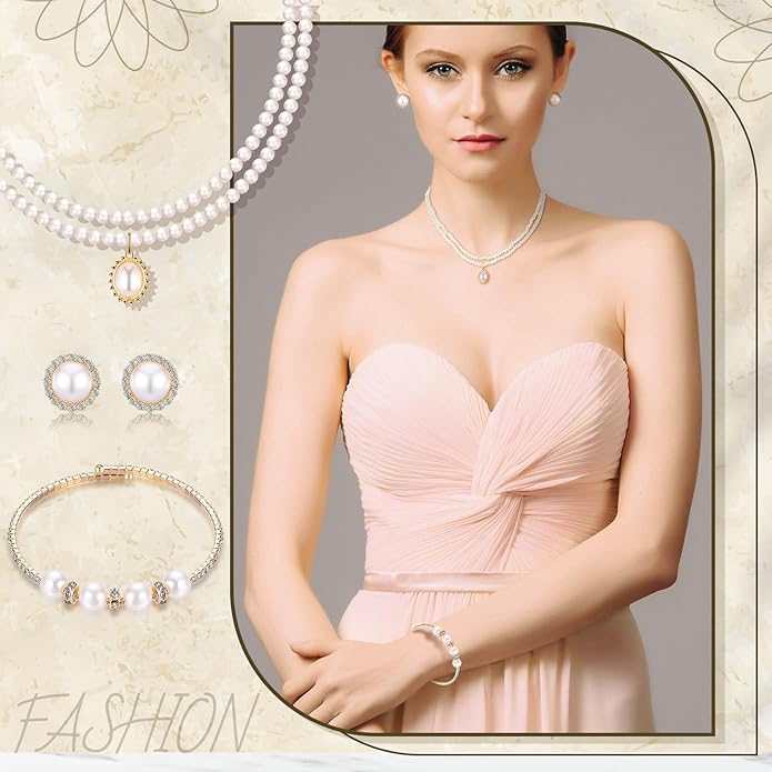 Glenmal Pearl Rhinestone Jewelry Set for Women Pearl Necklace Bracelet Earrings for Wedding Birthday Bridal Shower Tea Party