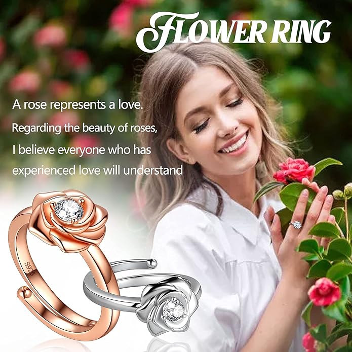 925 Sterling Silver Rose Flower Ring - Adjustable, Elegant Promise Ring for Women & Girls - Perfect for Birthday & Wedding Gifts