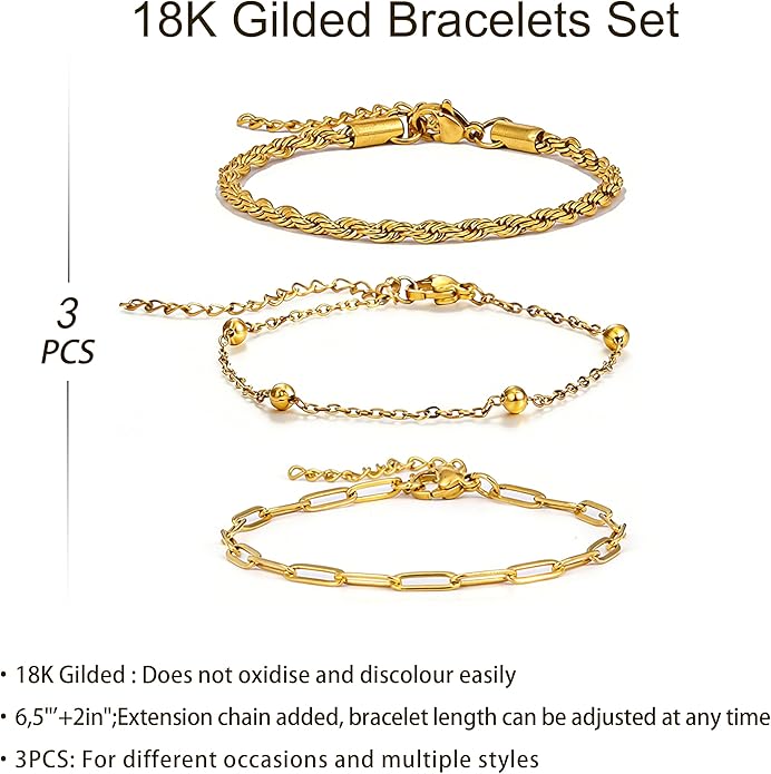 18K Gold Plated Bracelet Sets for Women Waterproof - Trendy Thin Dainty Stackable Cuban Link Paperclip Snake Twisted Chain Fashion Jewelry Accessories Gifts for Women