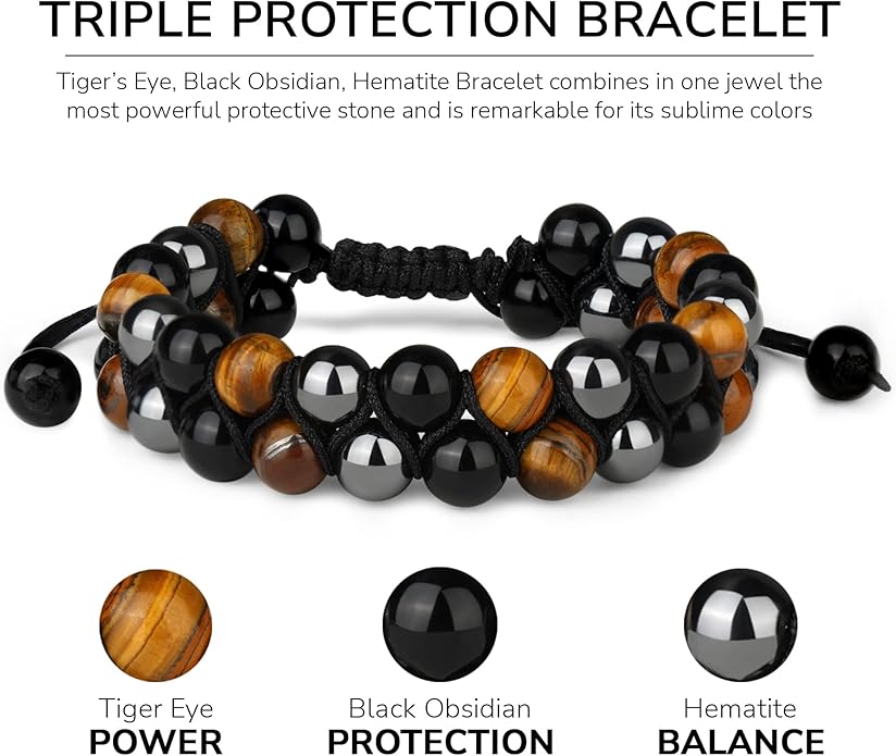 Crystal Vibe 8mm Triple Protection Bracelet - Beaded Bracelet with Natural Stones of Tiger Eye, Hematite, Black Obsidian - Elastic Adjustable Crystal Bracelet for Anxiety Relief, Spiritual Healing