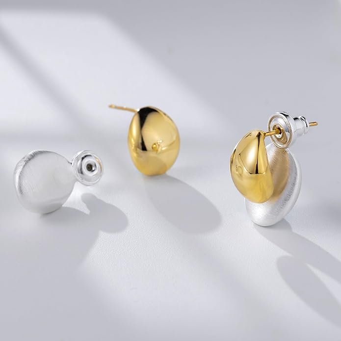 Two-Tone Chunky Oval Ball Earrings for Women, 2 in 1 Gold Silver Front and Back Stud Earrings, Lightweight 925 Sterling Silver Post, Fashion Jewelry Gift
