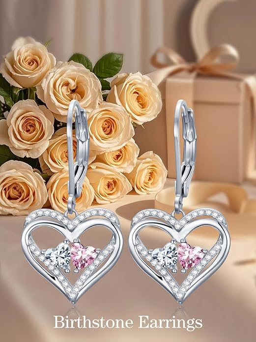 Valentines Day Gifts for Women, Heart Leverback Earrings Double Birthstone Dangle Earrings for Women, Love Jewelry for Her, Anniversary Birthday Gift for Mom Wife Girlfriend