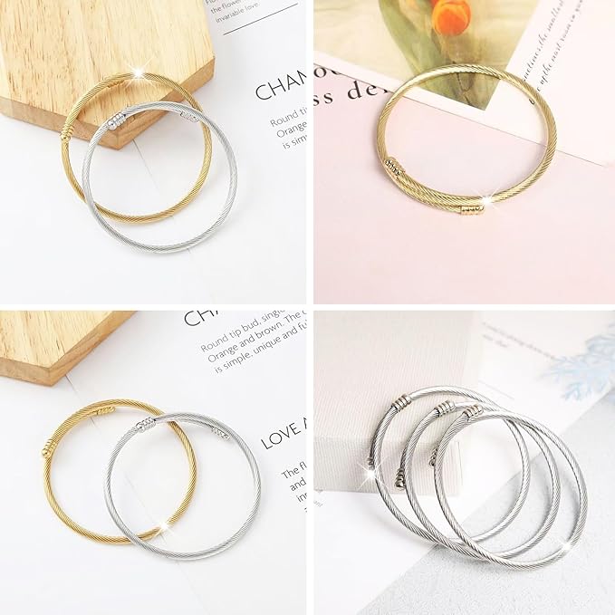 20 Pieces Twisted Cable Wire Bracelet Stylish Fine Stainless Steel Open Cuff Bracelets Mixed 3mm Thin Adjustable Expandable Elastic Bangle Bracelets for Women DIY Jewelry Making Christmas Day Gift