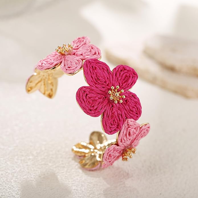 Raffia Flower Cuff Bracelet for Women, Floral Chunky Bangle Wide Open Cuff Statement Bracelet