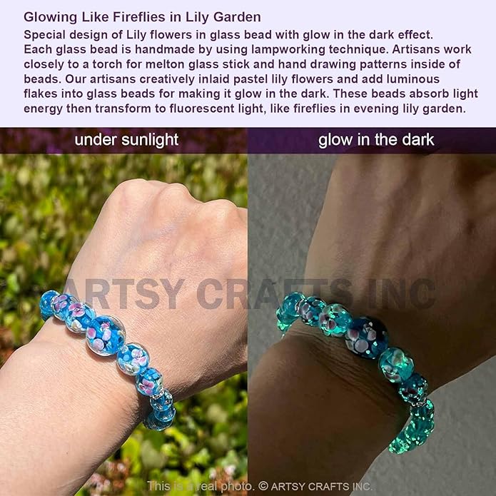 ARTSY Crafts Lily Garden Glow in the Dark Firefly Bead Bracelets Necklaces, Handmade in USA Murano Glass Jewelry, Flower Luminous Beads Mermaid Crystal Bracelet Bangle