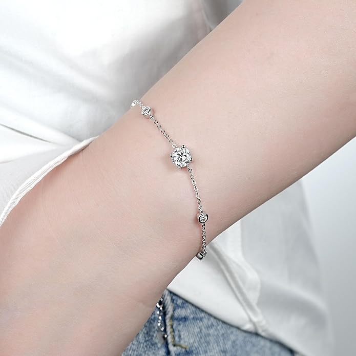 Bezel Station Link Bracelets for Women, 1.36cttw D Color Moissanite Bracelet 925 Sterling Silver for Wife or Mom, Adjustable Chain