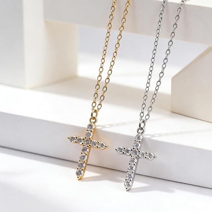 Crown Cross Necklace for Women, 14K Gold Silver Cubic Zirconia Crown Cross Necklace, Diamond Gold Silver Cross Necklaces, Dainty Cross Faith Simple Trendy Charm Jewelry Gift for Women