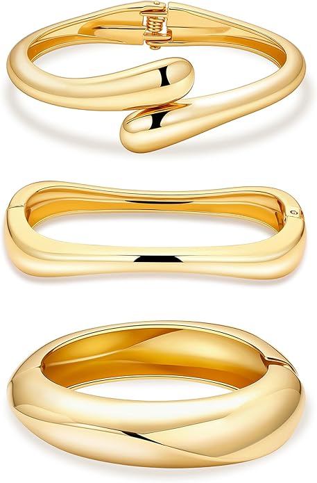 2/3/6pcs Chunky Gold Bangle Cuff Bracelets for Women, Dainty 14K Gold Plated Stackable Bangles Bracelet Set Jewelry Gift