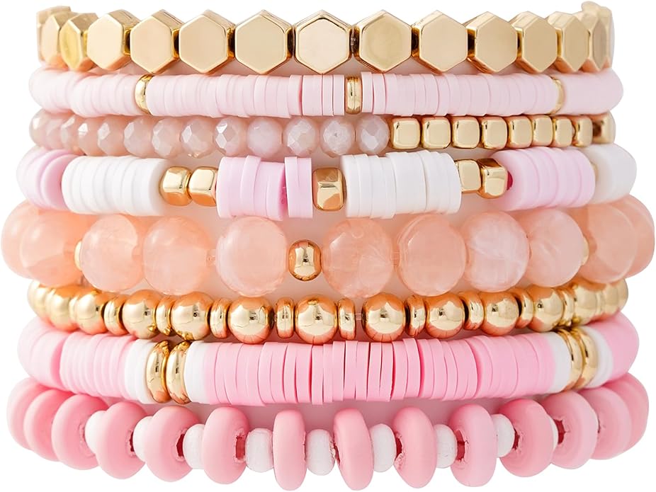 GOOJIDS Surfer Heishi Clay Bead Bracelets for Women Bohemian Stackable Gold Plated Beaded Stretch Bracelets Elastic Layering Friendship Bracelets Set Boho Jewelry