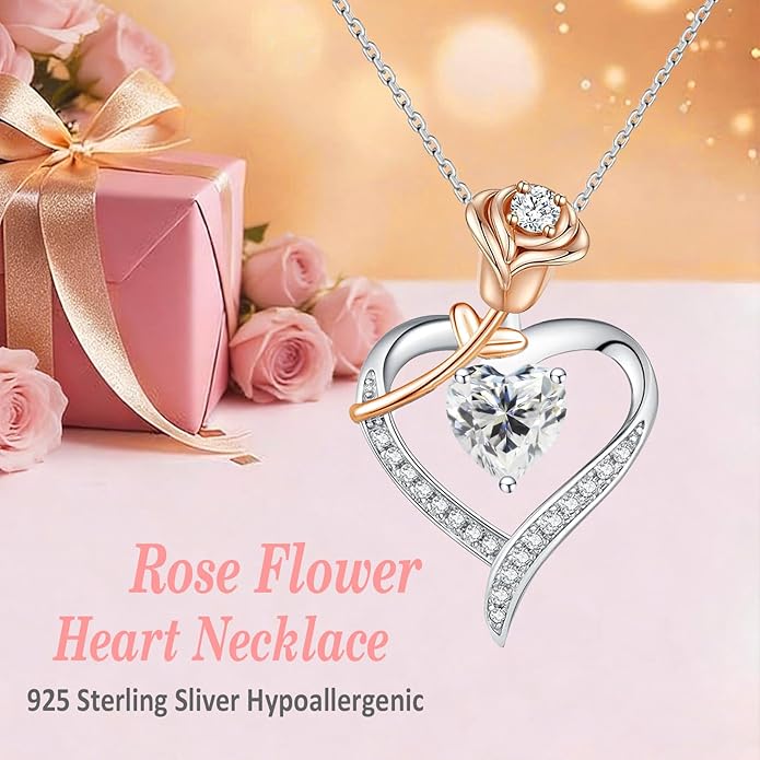 immobird Rose Gold Heart Necklace Birthstone Jewelry Sterling Silver Jewelry Plated White Gold Valentine's Day Gift Women for Wife Mom Necklace for Women