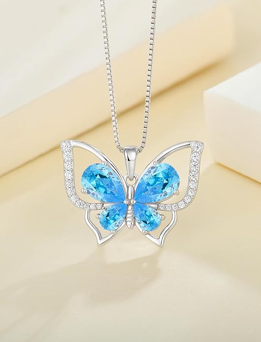YL Women's Butterfly Necklace 925 Sterling Silver Flower Rose Pendant Birthstone Halo Jewelry