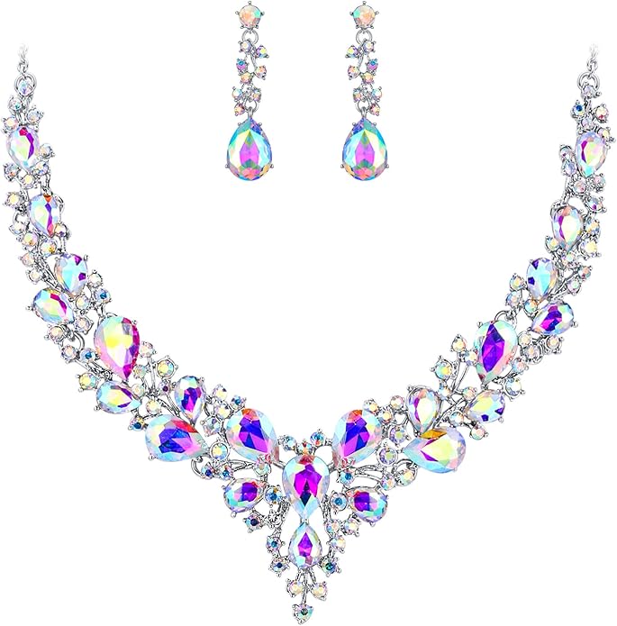BriLove Women's Wedding Bridal Austrian Crystal Teardrop Cluster Statement Necklace Dangle Earrings Jewelry Set