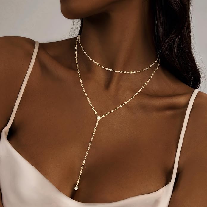Luxval Lariat Gold Necklace for Women, Dainty Long Necklace 14k Gold Plated/Silver Y-Shaped Pendant Necklaces Trendy Beaded Chain Drop Necklaces Jewelry for Women Gifts