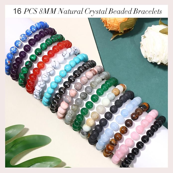 16PCS Natural Crystal Bracelets for Women Men - 8mm Semi-Precious Gemstone Beaded Bracelets, Round Gemstones Stretch Bracelet, Yoga Bracelets Jewelry Gifts